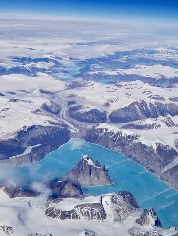 Aerial view of Greenlandic glaciers and coastline